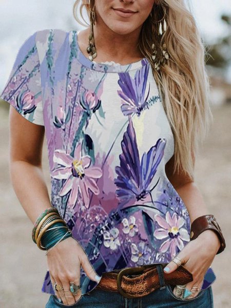 

Butterfly Casual Vacation Crew Neck T-shirt, Purple, Tops
