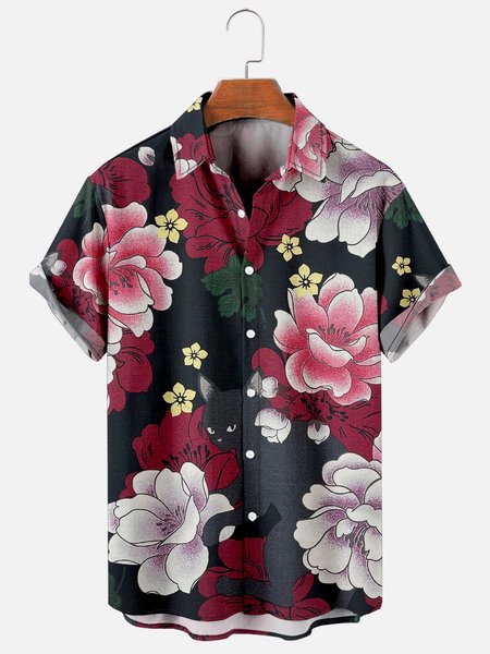 

Mens Japanese Black Cat Floral Print Casual Breathable Short Sleeve Hawaiian Shirts, Men's Floral shirt