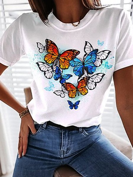 

Casual Butterfly Printed Loosen Round Neck T-shirt, White, T-Shirts
