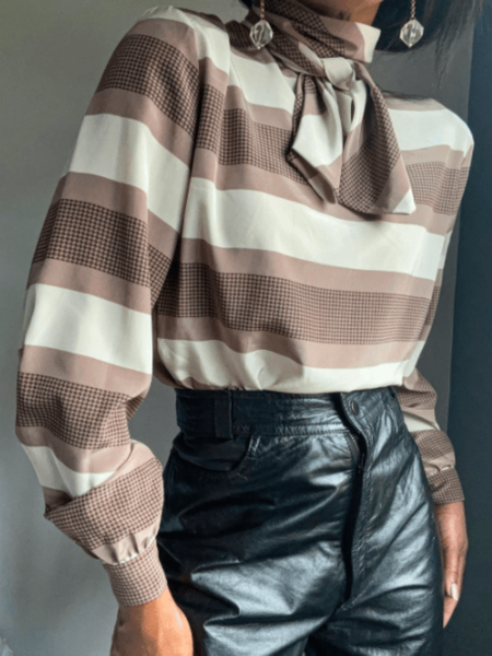 

Spring Striped Regular Fit Tie Neck Daily Date Long sleeve Tops, Stripe, Blouses and Shirts