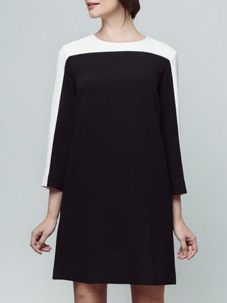 

Three Quarter Color Block Crew Neck Dress, As picture, Mini Dresses