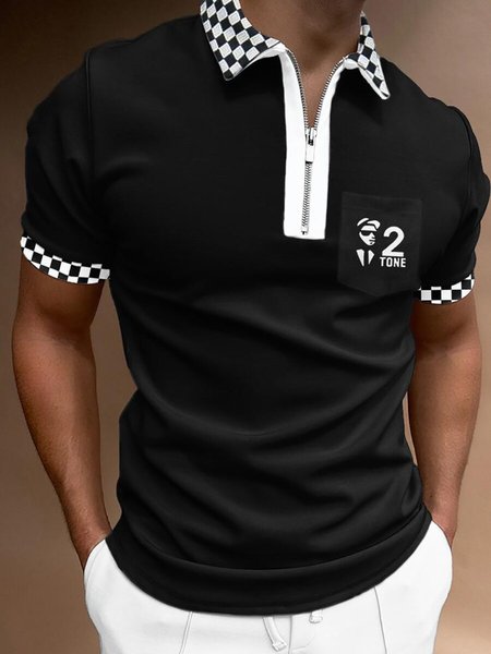 

Mens Short Sleeve Plaid Constract Checked Polo Shirt, Black, Men's t-shirts