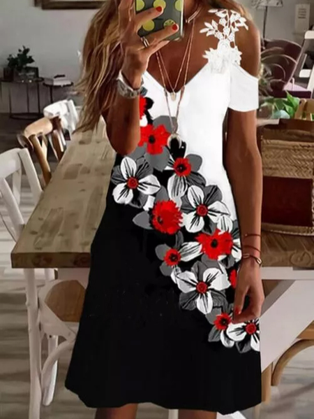 

Vacation Lace V Neck Dresses, Black, Mini Dresses