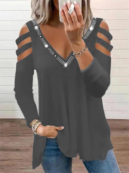 

Vintage Solido Occhiello Hotfix Scollo a V Maniche Lunghe taglia grande Casuale Top, Grigio scuro, T-Shirts