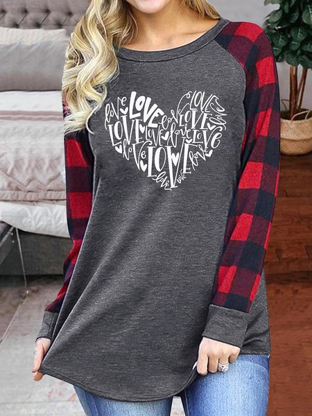 

Valentine's Day Shirt for Womens Love Heart Print Graphic Tee Tops Buffalo Plaid Long Sleeve T-Shirts Tops, Gray, Tops
