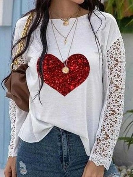 

Crew Neck Loosen Lace Sleeve Love Shirts & Tops, White, Tops