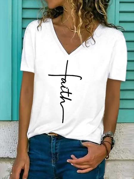 

Short Sleeve V Neck Casual Letter T-shirt, White, T-Shirts