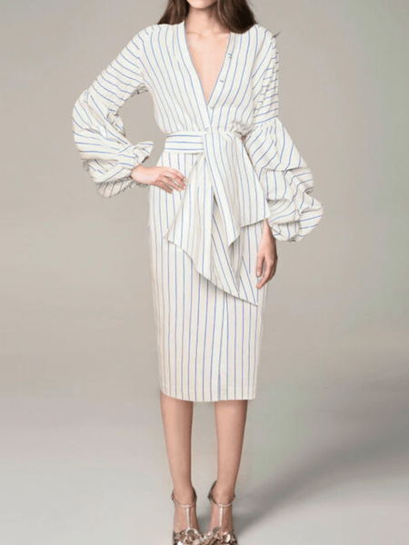 

Ruched V neck Sleeveless Striped Lady Elegant Lady Dresses, Stripe, Midi Dresses