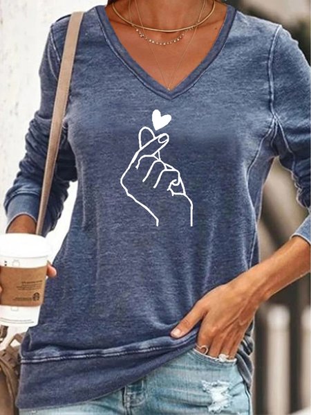 

Finger Heart V-neck Long Sleeve Sweatshirt, Blue, Hoodies&Sweatshirts