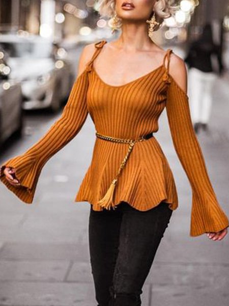 

V Neck Long Sleeve Solid Lady Top, As picture, Tops