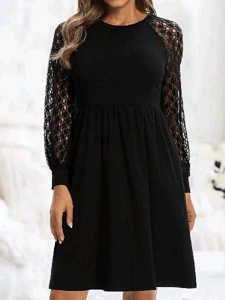 

Lace stitching long-sleeved dress party with Dress, Black, Mini Dresses