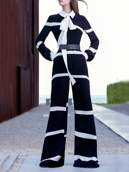 

Lady Striped Long Sleeve Regular Fit One-Piece, Black-white, Jumpsuits