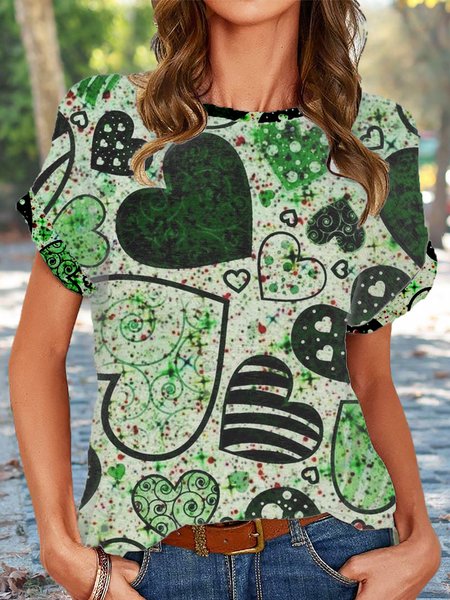 

Love Heart Print Raglan Sleeve Short sleeve T-Shirts & Tops, Green, Tops