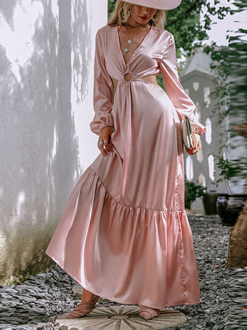 

V Neck Elegant Long sleeve Dress, Pink, Maxi Dresses