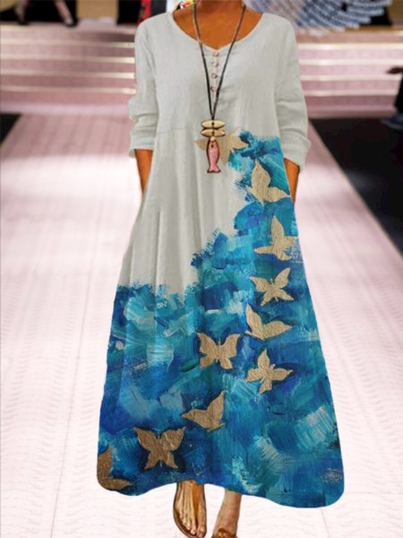 

Butterfly Casual Pockets Long Sleeve Dresses, Multicolor, Maxi Dresses