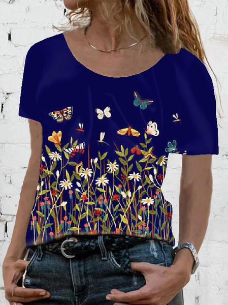 

Floral Loosen Crew Neck Shirts & Tops, Royal blue, T-Shirts
