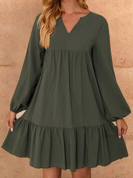 

V Neck Solid Loosen Dresses, Green, Casual Dresses