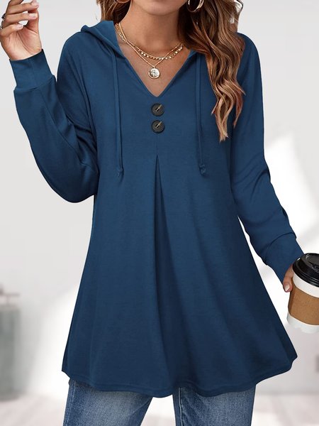 

Cotone miscele Bottone cappuccio Felpa Maniche Lunghe Casuale Top, Blu intenso, Blouses & Shirts