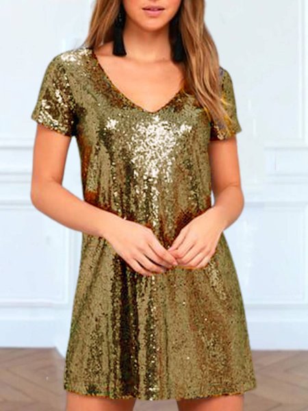 

Casual Sequins Short Sleeve V Neck Dresses, Golden, Mini Dresses