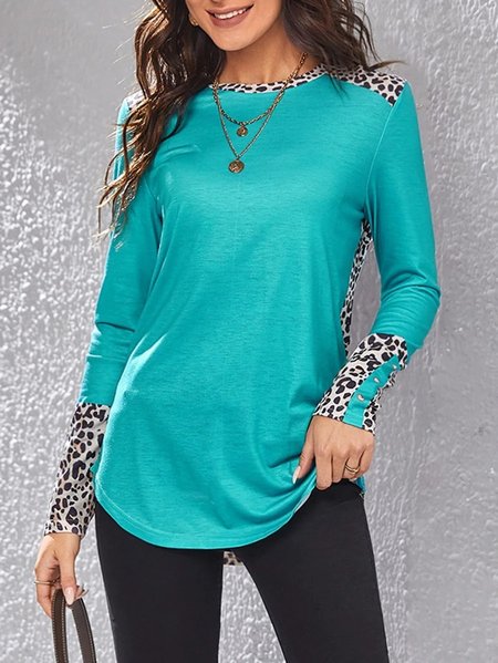 

Leopard Casual Crew Neck Shirts & Tops, Lake blue, Tops
