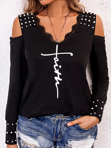 

Letter Regular Fit Casual Shirts & Tops（accessory not included）, Black, Tops