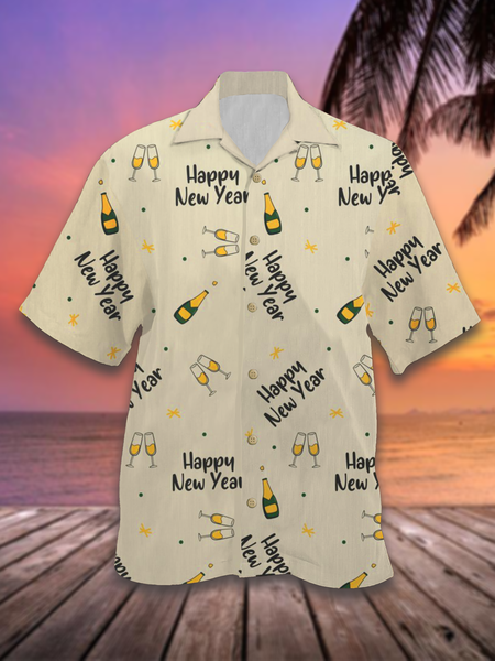 

Casual Vacation Happy New Year Clink Hawaiian Style Printed Shirt Top, As picture, Men's Floral shirt