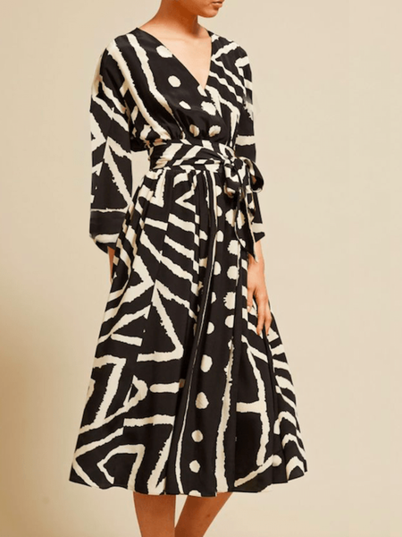 Spring A-line Long sleeve Geometric V Neck Date Daily Dresses, Black, Midi Dresses