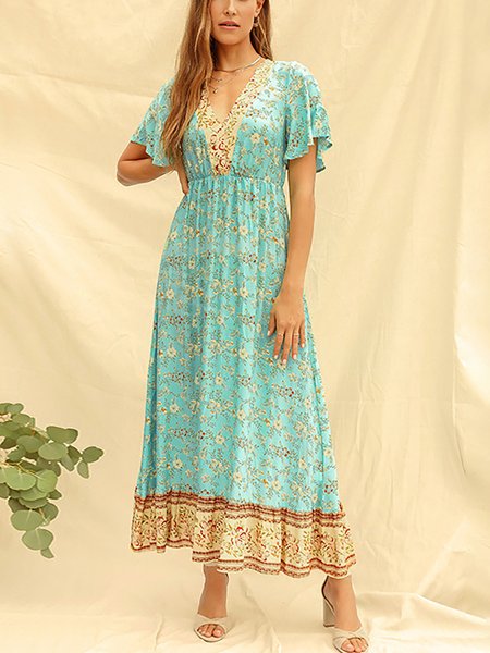 

Boho Floral Printed Maxi Short Sleeves Knitting Dress, Green, Maxi Dresses