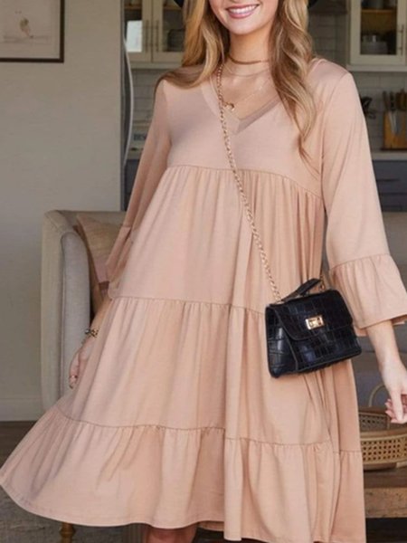 

Loosen Solid V Neck Dresses, Apricot, Casual Dresses