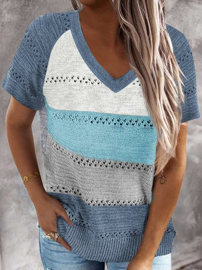 

Cotton Blends V Neck Color Block Casual Shirts & Tops, Blue, Tops