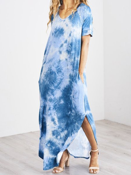 

V Neck Cotton Blends Dresses, Blue, Maxi Dresses