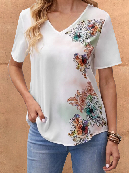 

Floral Loosen V Neck Shirts & Tops, White, Tops