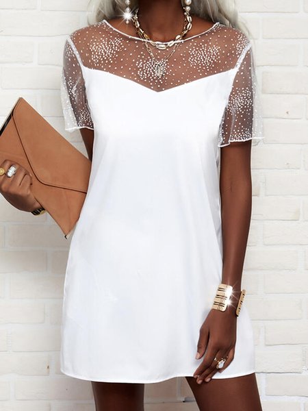 

Cotton Blends Crew Neck Dresses, White, Mini Dresses