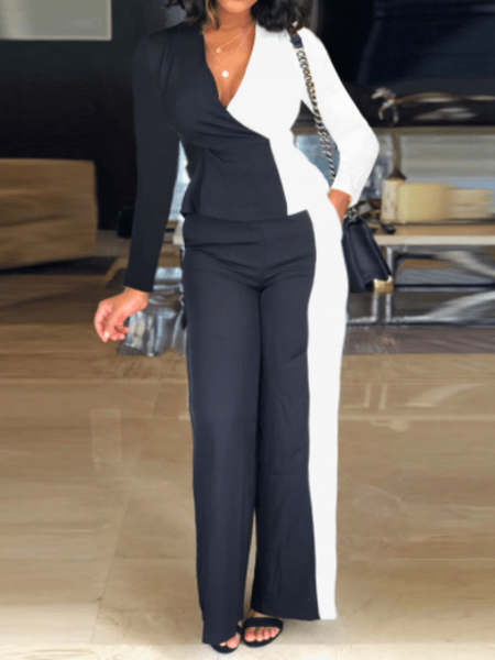 

Spring V Neck Long sleeve Color Block Top With Pants Suits, Black, Two-piece Set