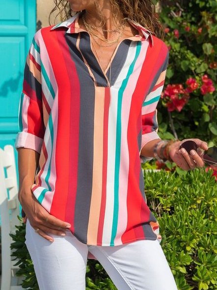 

Multicolor Striped Printed Casual Shirt Collar Long Sleeve Shirts & Tops, Tops