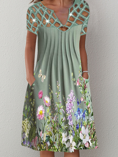 

Floral V neck Loosen Dresses, Aqua, Midi Dresses