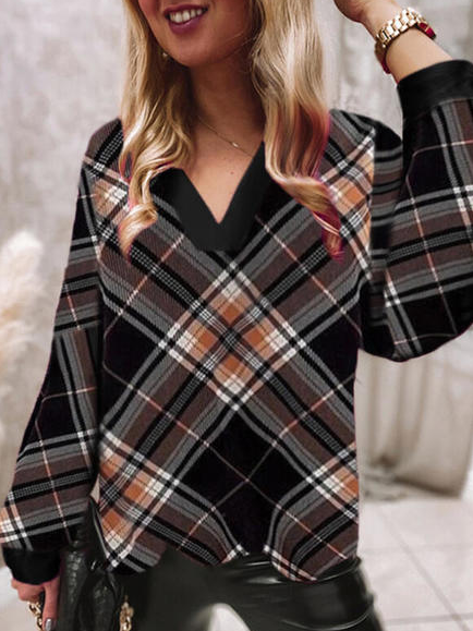 

V Neck Geometric Loosen Plaid Shirts & Tops, Coffee, Tops