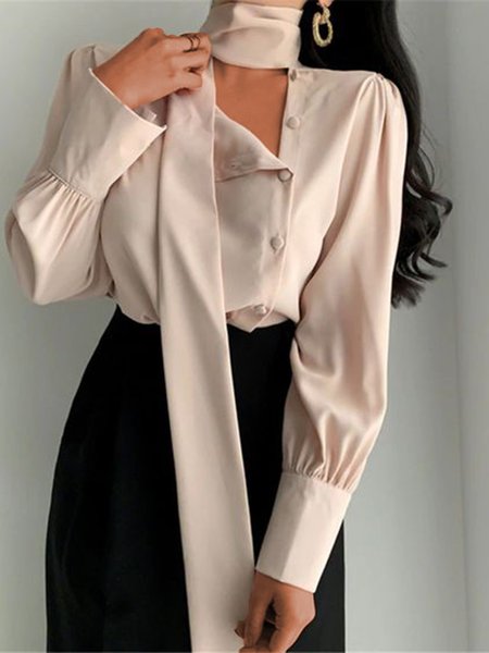 

Tie Neck Solid Long Sleeve Blouse, Apricot, Blouses and Shirts
