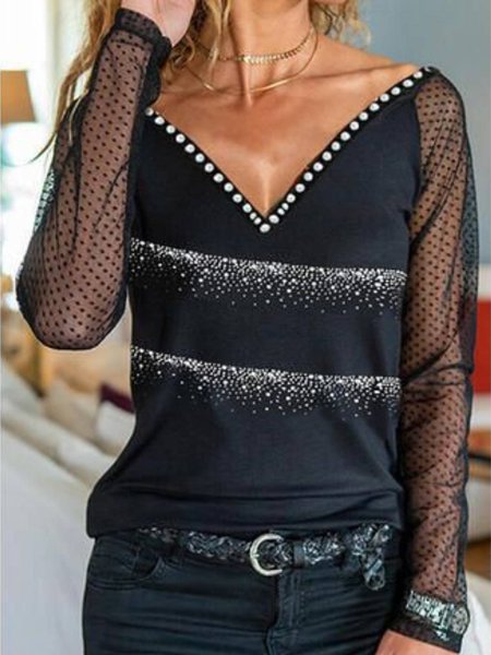 

Casual V Neck Regular Fit Shirts & Tops, Black, Tops