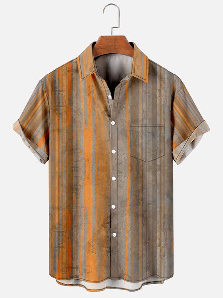 

Casual Vacation Retro Striped Gradient Pattern Hawaiian Style Printed Shirt Top, Yellow, Men's Floral shirt