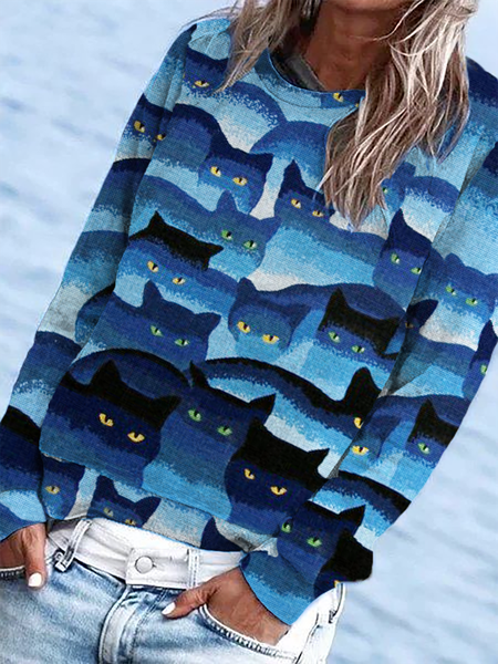 

taglia grande Gatto Stampato Casuale Felpa, Blu, Hoodies & Sweatshirts