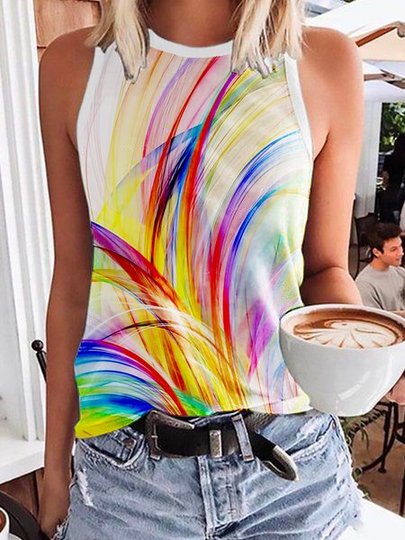 

Casual sleeveless round neck print vest, White, Tank Top