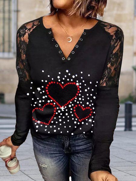 

Heart Print Lace Sleeve Loosen V Neck T-Shirts & Tops, Black, Tops