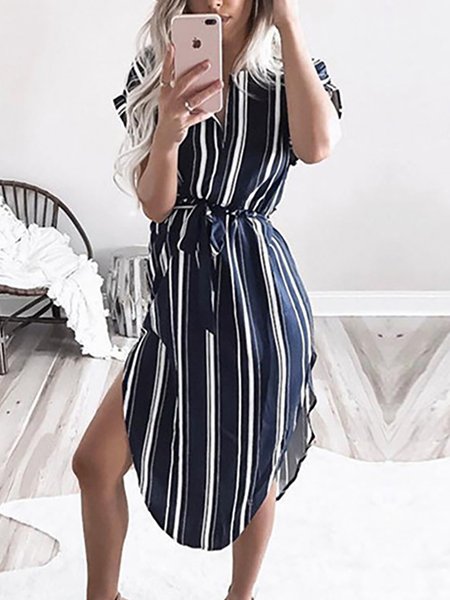 

Casual Geometric Striped Printed Short Sleeves Weaving Dress, Stripe, Midi Dresses