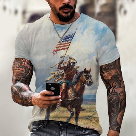 

Men's American flag Indian elements graphic print crew neck Tee, Blue, T-shirt