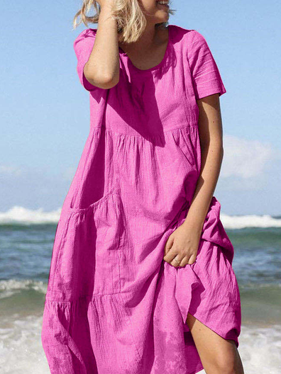 

Deep Pink Loosen Casual Pockets Weaving Dress, Midi Dresses