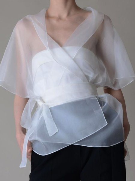 

Lapel Elegant Solid Tops, White, Tops