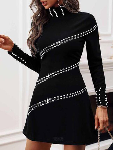 

High Neck Vacation Slim Fit Dresses, Black, Mini Dresses