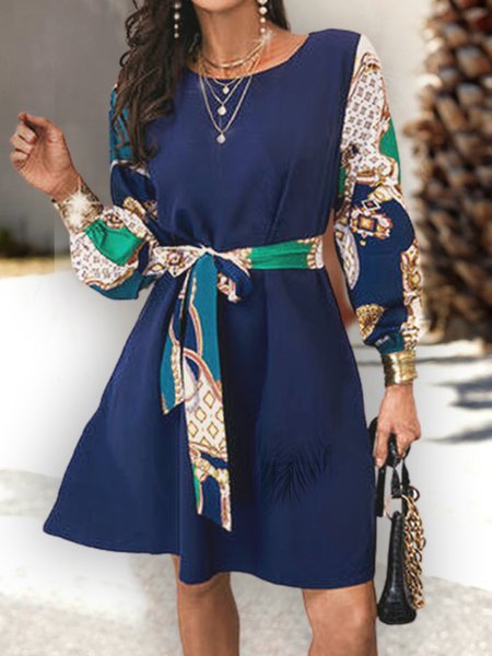 

Tribal Crew Neck Loosen Vintage Dresses, Blue, Casual Dresses