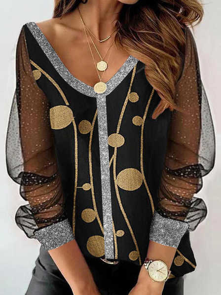 

Geometric V Neck Cotton Blends Tops, Black, Tops